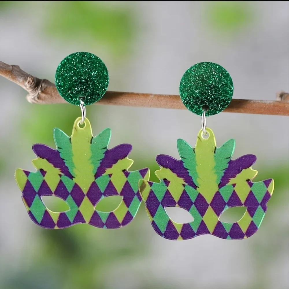 I'll Try & Restock Mardi Gras Mask Earrings Colorful Carnival - Picture 3 of 10